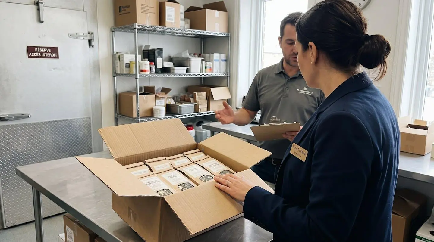 Interaction professionnelle entre un responsable hôtelier et un livreur lors de la réception de produits, vue de profil sans regard caméra