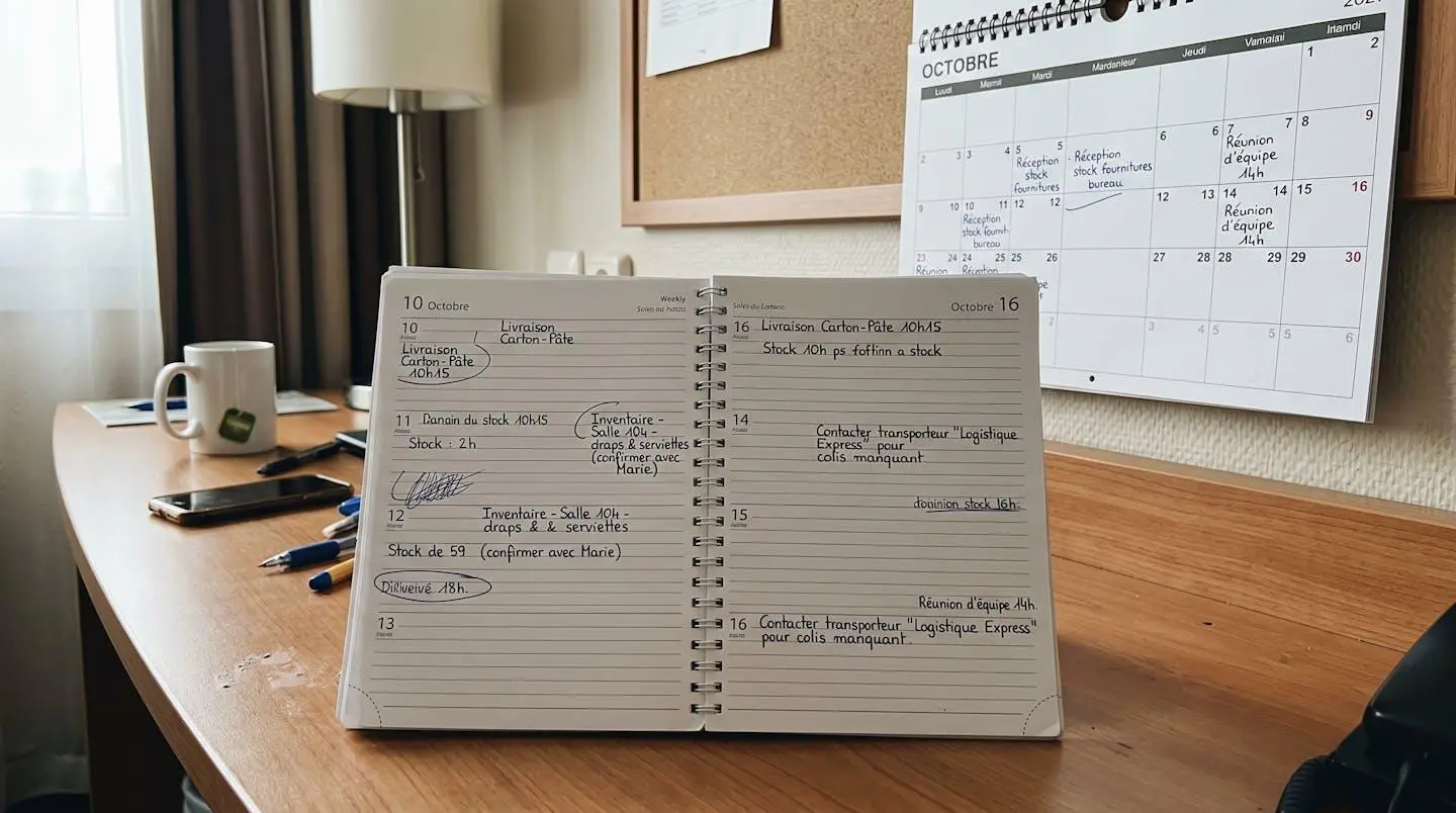 Gros plan sur un agenda professionnel avec annotations manuscrites concernant la planification des stocks et des commandes