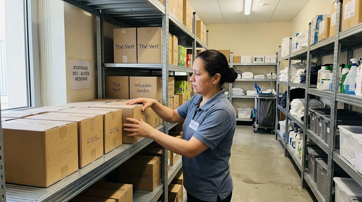 Employé d'hôtel vu de dos en train d'organiser des produits sur des étagères de stockage dans une réserve professionnelle